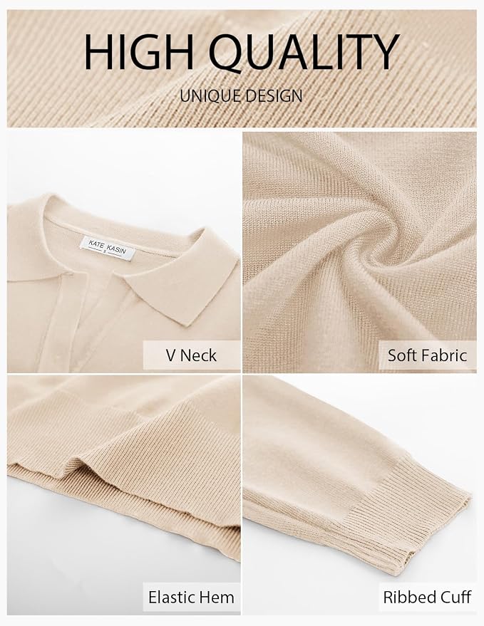 Women's Long Sleeve Classic V Neck Casual Fall Winter Polo Sweater Tops | Basic Collared Knitted Fashion Work Business Formal Daily Wear Versatile Pullover Shirts