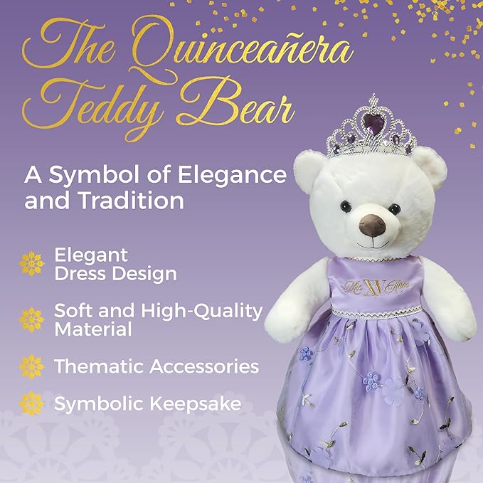 Quinceañera Teddy Bear 18-inches with Dress for 15th Birthday, Quince Bear with Matching Crown, Ideal Keepsake for 15th Birthday, Mis XV Años - Purple