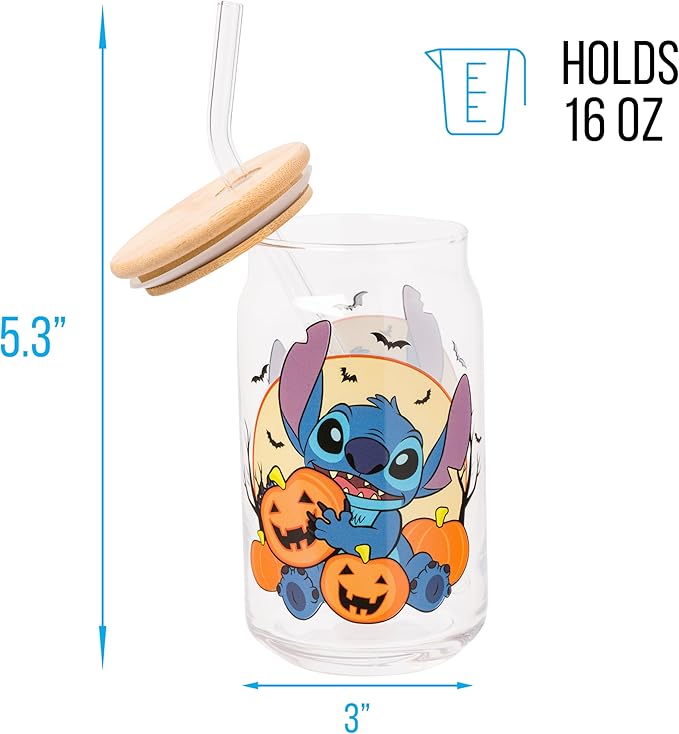 Silver Buffalo Disney Lilo and Stitch Halloween Spooky Pumpkin Patch Jack-O-Lantern Glass Jar Tumbler with Bamboo Lid and Glass Straw, 16 Ounces