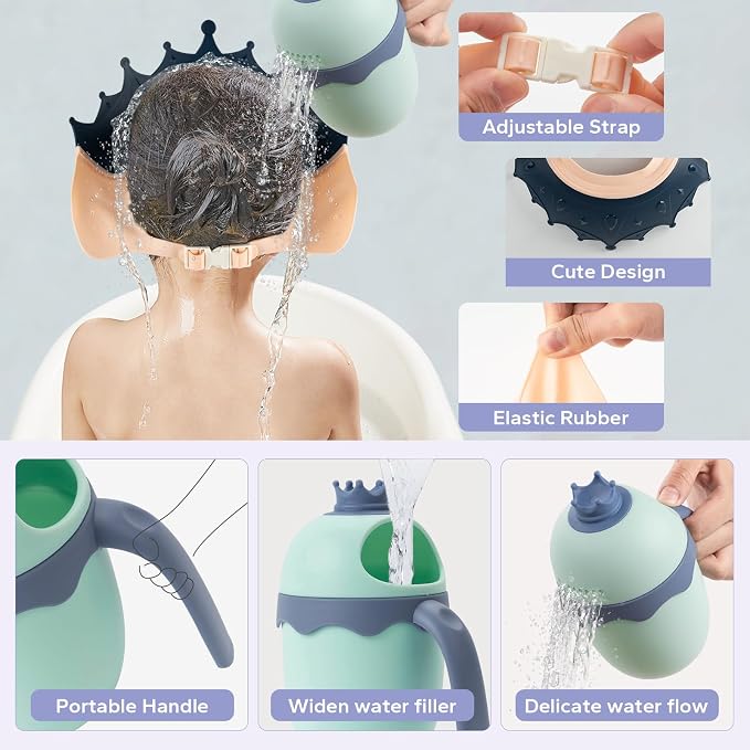 FUNUPUP Baby Shower Cap for Kids with Bath Rinse Cup, Adjustable Toddler Hair Washing Shampoo Shield Hat Baby Bath Visor Shower Hat for Kids（Crown Blue)