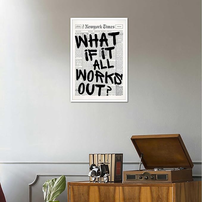 Retro Black And White Newspaper Poster What If It All Works Out Canvas Wall Art Positive Affirming Quote Minimalist Prints Painting For Home Bedroom Dorm Wall Decor 24x36in Unframed