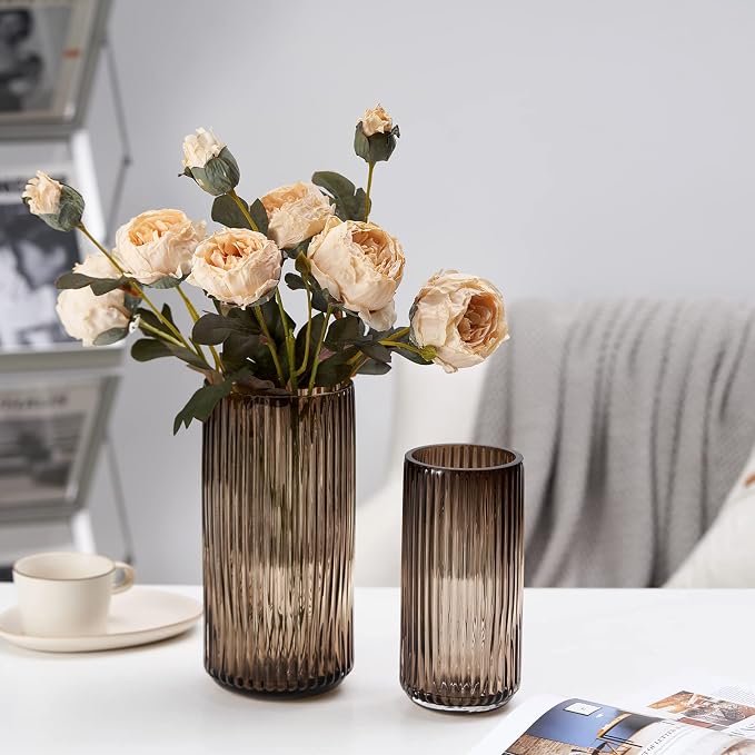 Flower Vase 10 inch Amber Thickened Hand Blow Glass Vase Round Vintage Striped Bottles for Bookshelf,Dinner Table,Indoor Office Desktop,Meeting Room,Bathroom,Home