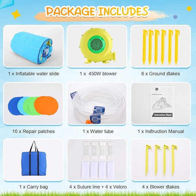 Whubefy Inflatable Water Slides for Kids with 450W Blower, 6 in 1 Blow Up Water Park, 158x 138 x 89 Waterslide w/Climbing Wall, Splash Pool, 2 Water Cannon, Basketball Rim & Crocodile Shower Head