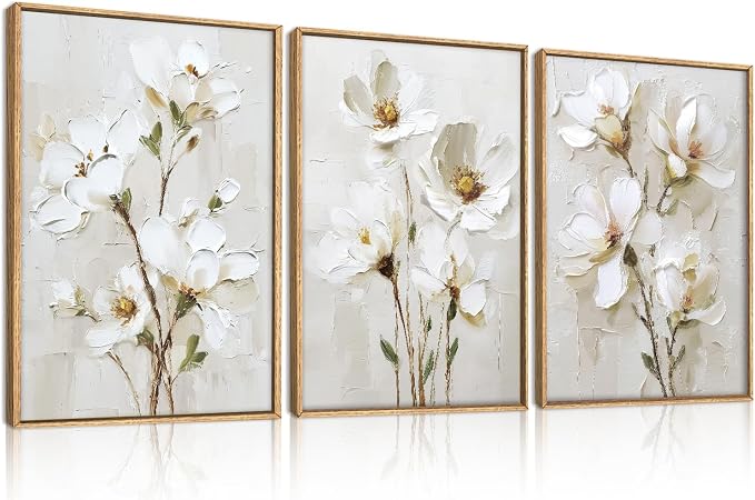 FWIEXA 3D Beige White Floral Canvas Wall Art Set 3,Texture Neutral Flower Framed Prints,Modern Abstract Aesthetic Botanical Paintings,24x36In Watercolor Minimalist Magnolia Artwork for Living Room,Bedroom,Office