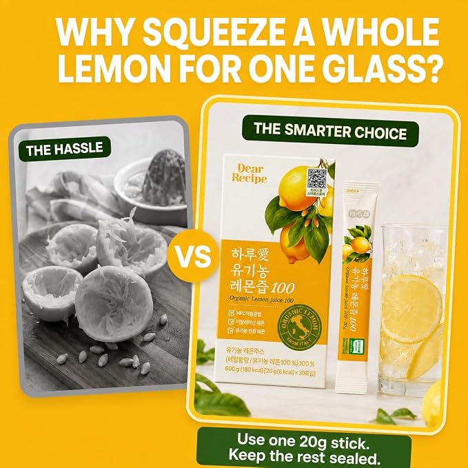 [30 Sticks] Organic 100% Pure NFC Whole Lemon Juice Sticks – 20g Each – Italian Lemon, Cold Pressed, Product of Korea, Non-GMO, No Sugar Added