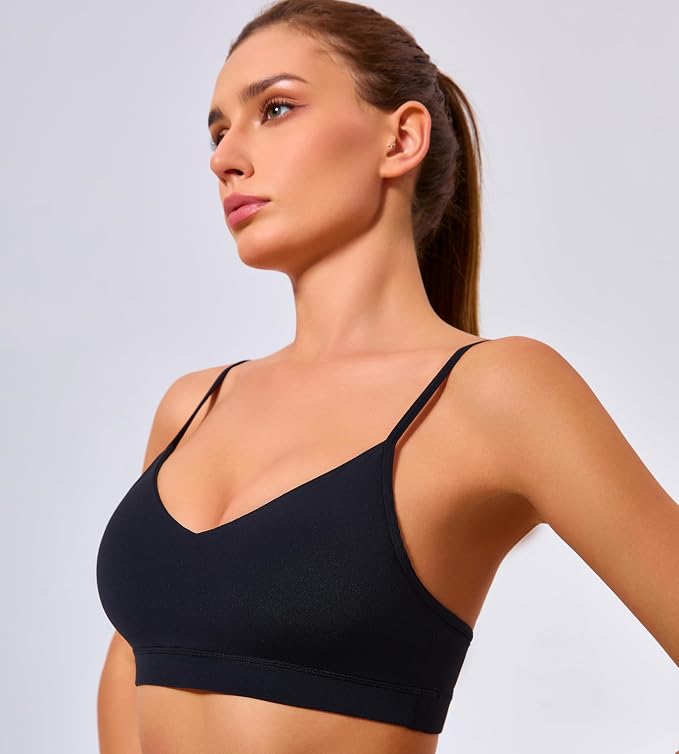 Oalka V Neck Sports Bra for Women Adjustable Padded Thin Straps Wireless Yoga Bras