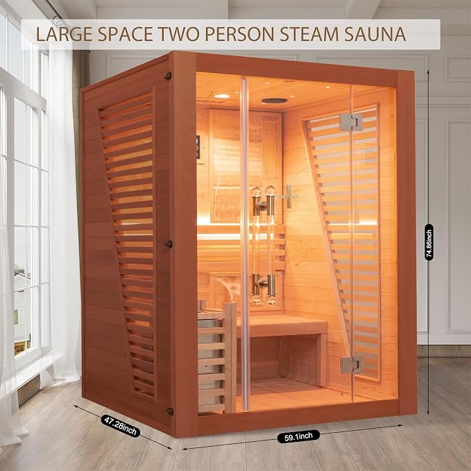 Smartmak Wood Home Steam Sauna, WiFi Control 3 Person Canadian Red Cedar Traditional Luxurious Wooden Indoor Spa Room, with 4.5 kw Heater, Speaker, Rocks, Water Bucket, Spoon, Sky Lights