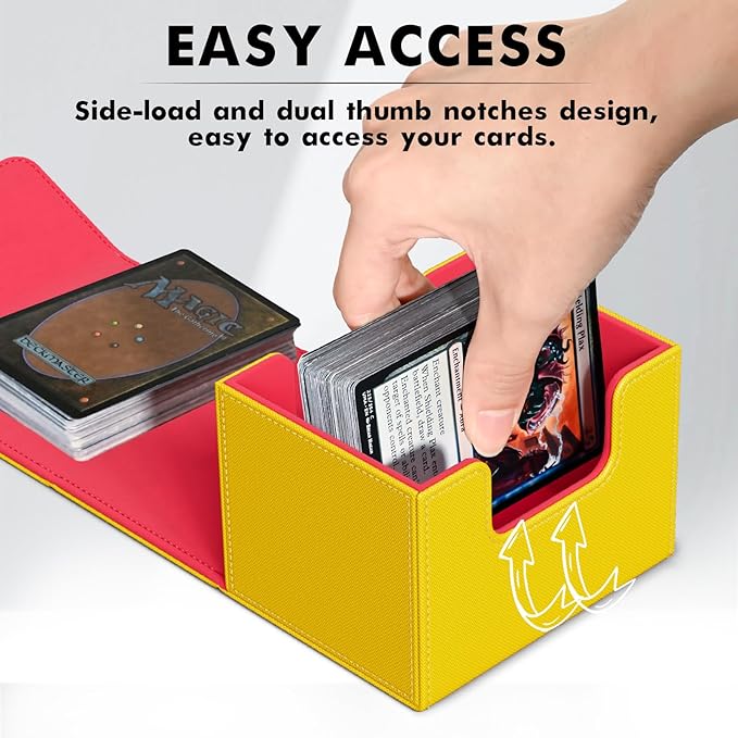 ZLCA Card Deck Box for Trading Cards, MTG Commander Deck Box Holds 120+ Single Sleeved Cards, Leather Magnetic Card Storage Box Fits for TCG CCG Magic Cards (Yellow&Red)
