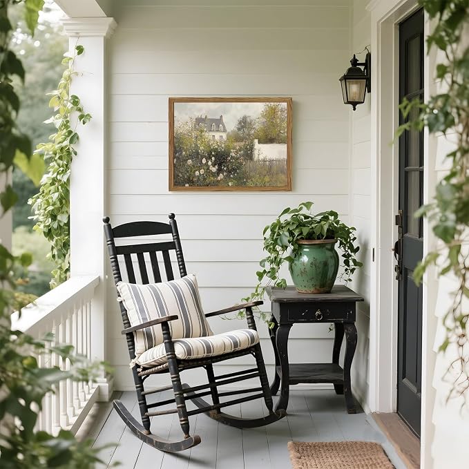 Framed Vintage Wall Art, Cottage Rose Garden Landscape Pictures Wall Decor Paintings, Rustic Spring Farmhouse Canvas Prints Aesthetic Home Decor for Living Room Bedroom Bathroom 16x24 inch