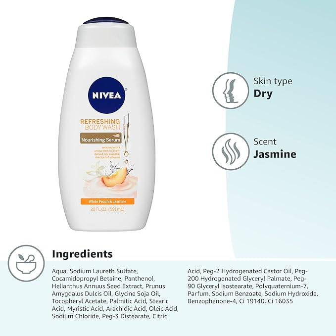 NIVEA Refreshing White Peach and Jasmine Body Wash with Nourishing Serum, Scented Body Wash for Women, Enriched with Provitamin B5 and Vitamin E, 20 Fl Oz Bottle, (Pack of 2)