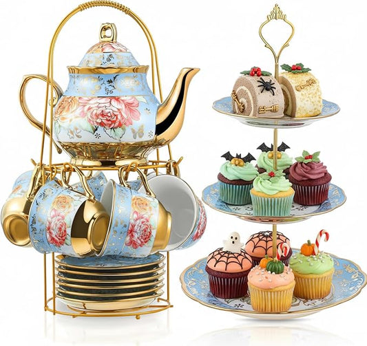 Maxcheck 21 Pcs Porcelain Tea Set for Women Tea Party with Metal Holder and 3 Tier Cake Stand Ceramic European Floral Teapot Set for Adults Mother's Day Christmas Thoughtful Gift(Advanced Style)