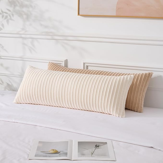 UGASA 14x36 Inch Pillow Cover Pack of 1 Soft Boho Stripe Corduroy Large Long Rectangular Lumbar Cushion Cover Farmhouse Decorative Throw Pillowcase for Bed, Couch, Sofa, Bedroom, Living Room, Cream