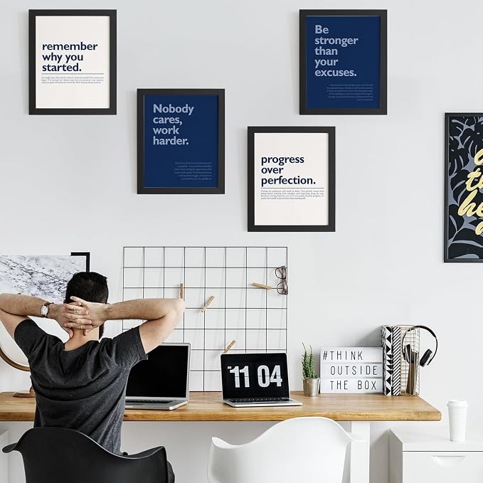 DSHFG Navy Blue Motivational Inspirational Office Wall Art Decor Prints | Motivational Wall Decor Trendy Retro Posters for Office Home Decor, Inspirational Posters Prints 4Pcs 8x10 Unframed