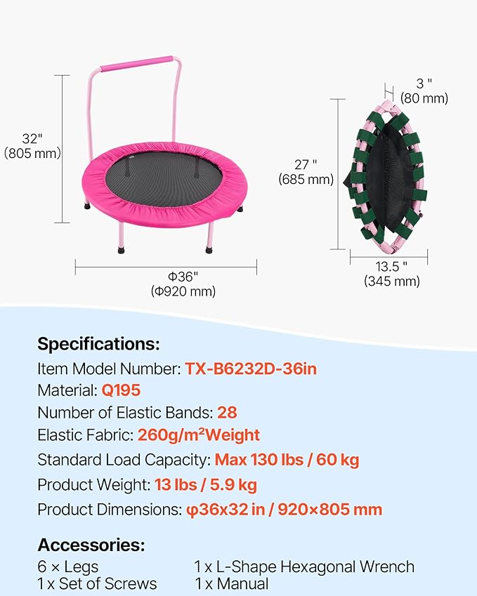 VEVOR 3FT Trampoline for Kids, 36" Trampolines Indoor/Outdoor Trampoline for Toddlers, Foldable Mini Baby Jump Toy with Foam Handle, Recreational Trampolines Birthday Gift for 3+ Years Kids
