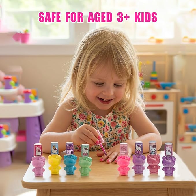Hello Kitty 8 Pack Non-Toxic Peel-Off Shimmer and Opaque, Water-Based Safe Nail Polish Set with Nail Dryer for Kids, AA Batteries Not Included, Ages 3 and Up by Townley Girl