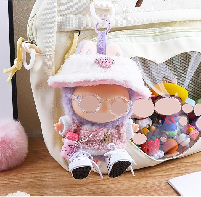 5 Set 17cm Doll Clothes - Clothes for Dolls Outfit - Accessories for 17cm Dolls Clothes +Light Pink Heart-Shaped Velvet hat + Small Camera + Glasses + Canvas Shoes, No Doll Included (Pink Water Cup)