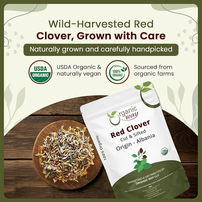 Organic Way Red Clover Flower Cut & Sifted (Trifolium Pratense) Herbal Tea | European Wild-Harvest | Organic & Kosher Certified | USDA Certified | Origin - Albania (1/4LBS / 4Oz)
