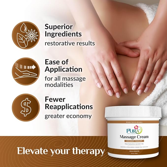 Coconut Therapy 4 Fl oz Massage Cream, Coconut Oil, Professional, Massage Therapy, Deep Tissue, Unscented, Natural Ingredients, Skin Hydrating, Moisturizing, Muscle Relief, for Bruising