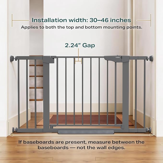 Cumbor 30-46" Baby Gate for Stairs, Auto-Close Dog Gate Indoor, Mom's Choice Awards Winner-Easy Install Pressure Mounted Pet Gates for Doorways, Dual Lock Safety Proofing for Babies & Pets, Cool Gray