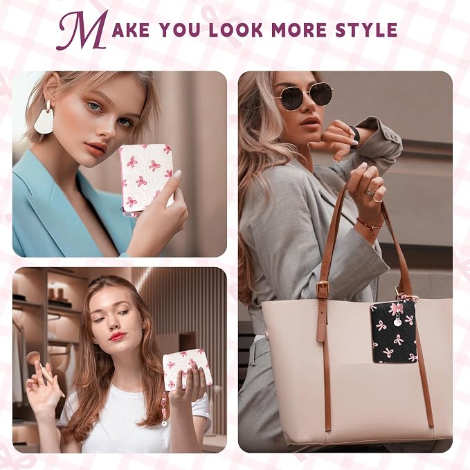 Mini Makeup Bag, Small Bow Tie Cosmetic Bag for Purse with Keychain, Portable XS Travel Makeup Pouch for Daily Use (Pink)