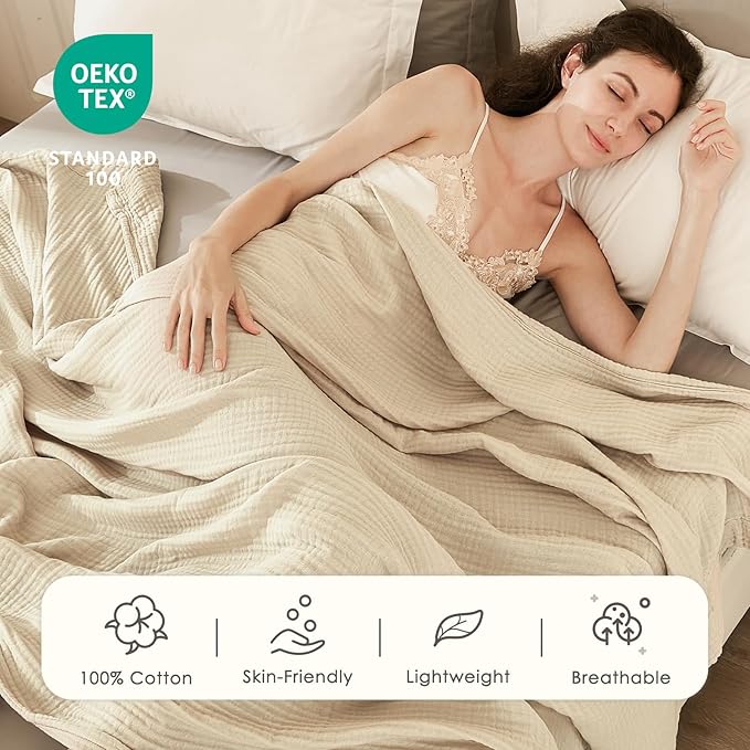 EMME Cotton Blanket Queen Size for Bed Soft Muslin Bed Blankets 90"x90" Beige Lightweight Breathable Bedspread Coverlet All Season Gauze