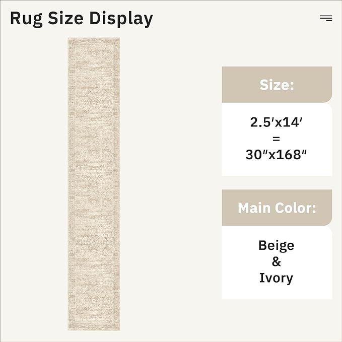 Soalmost Hallway Runner Rug 2'6" x 14' Washable Long Kitchen Rugs Beige | Non-Slip Vintage Runners 2.5x14ft for Bathroom Entryway, Thin Low-Pile Foldable 14 ft Floor Carpet Mat for Corridor Bedroom