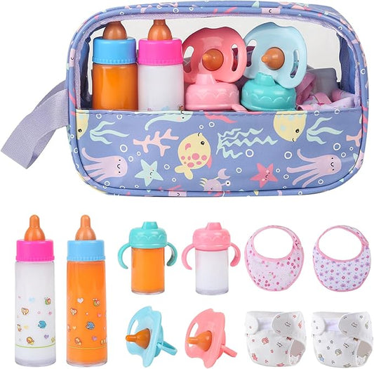 6-Piece Baby Doll Feeding Set – Magic Bottles & Pacifiers for 10–24 Inch Dolls, Disappearing Milk & Juice Bottles, Pretend Play Accessories for Kids