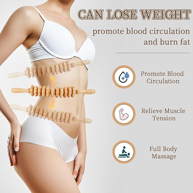 Liitrton Wood Therapy Fasci Massage Tools, Curved Wooden Massage Roller Cellulite Reduction and Muscle Tension (Curved-11-Wheel)