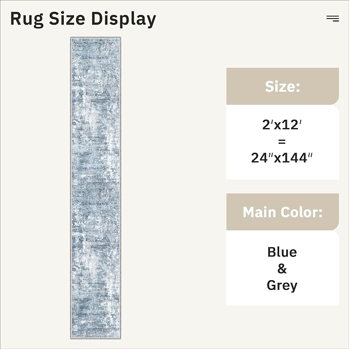 Soalmost Abstract Runner Rug 2x12 Hallway Kitchen Runners Blue/Grey | Stain Resistant Vintage Rugs for Bathroom Laundry Room, Low Pile Foldable Floor Carpet Mat for Entryway Corridor Bedroom