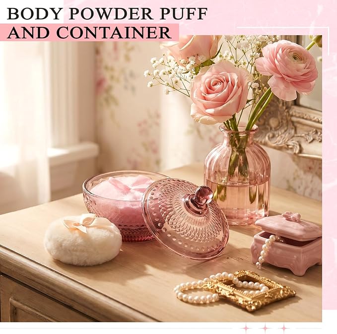 Tioncy 3 Pcs Large Body Powder Puff and Container Valentine's Day gift Powder Container with Puff Crystal Case Soft Washable Reusable Velour Face Body Glitter Wet Dry Makeup (Retro,Purplish-red)