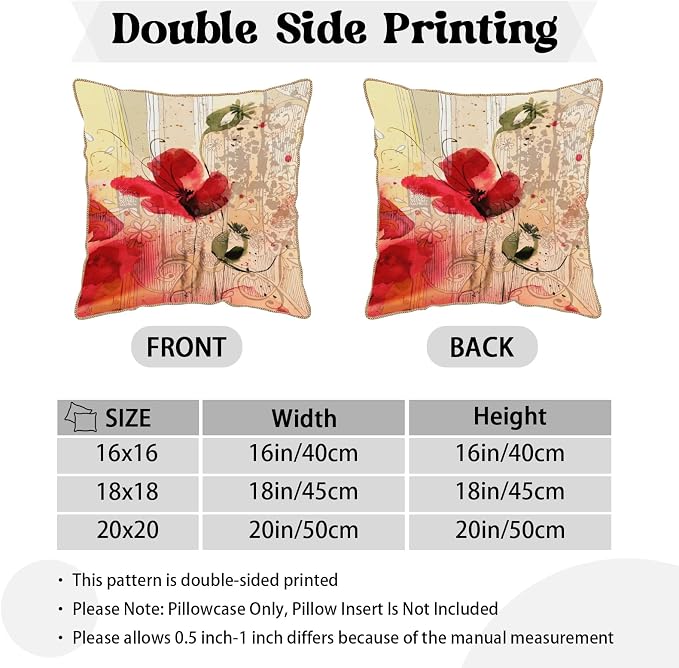 KSLIDS Red Poppy Flower Soft Velvet Throw Pillow Covers Set of 2 Watercolor Art Flower Decorative Pillow Covers 16x16 Inch Retro Beige Pillow Case for Sofa Couch Living Room Farmhouse Home Decor