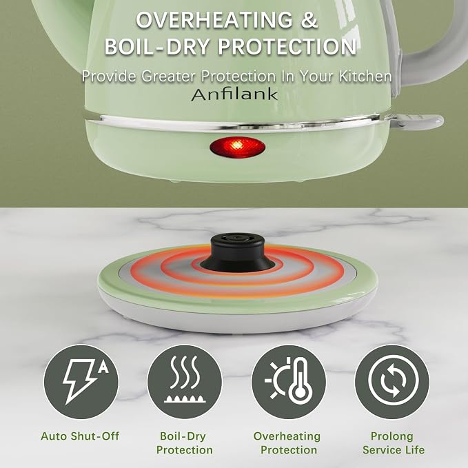 Anfilank Electric Gooseneck Kettle, 1L 1500WFast Boil, 100% Stainless Steel BPA Free Pour-Over Coffee & Tea Kettle,Water Boiler with Auto Shut & Boil-Dry Protectio,Green