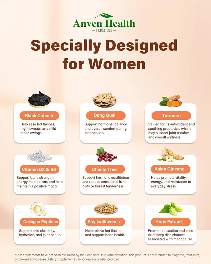 Menopause Supplements for Women 100 Billion CFU Probiotics | Vitamin D3 & B6, 100B Probiotics, Black Cohosh & Herbs, Collagen, Hot Flashes & Night Sweats Relief, pH Balance