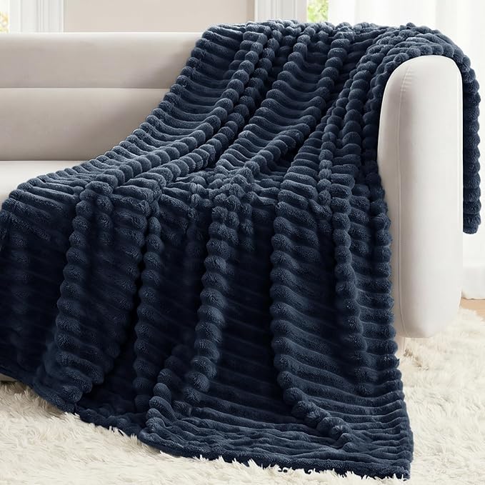 Navy Blue Blankets Queen Size for Bed, 90 x 90 Inch | 300GSM Ribbed Fleece Blanket, Soft, Cozy & Lightweight, OEKO-TEX Certified, All-Season for Bedrooms, Guest Rooms & Gifting