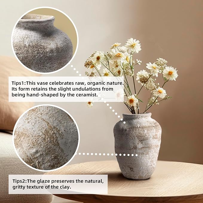 DIF DECO Ceramic Farmhouse Vase Rustic Decor,Pottery Decorative Flower Vases for Home Decor,Boho Vase for Table, Living Room,Bathroom,Shelf,Mantel Decoration,7.7 inch