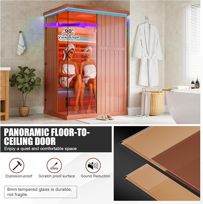 MEISSALIVVE Full Spectrum Sauna for Home, 2 Person Indoor Infrared SPA Room with 10 Minutes Warm-up Heat, Red Cedar Home Sauna Infrared Sauna with Bluetooth and Tempered Glass