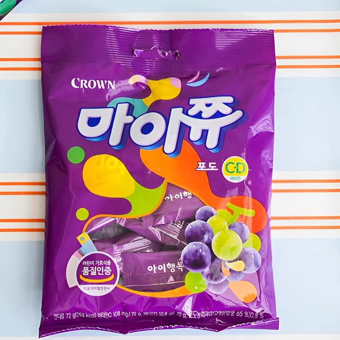 K-Food Crown MyChew Chewy Candy Variety Pack - Strawberry, Apple, Grape (3 x 72g Bags) | Authentic Korean Fruit Gummy Snack Bundle
