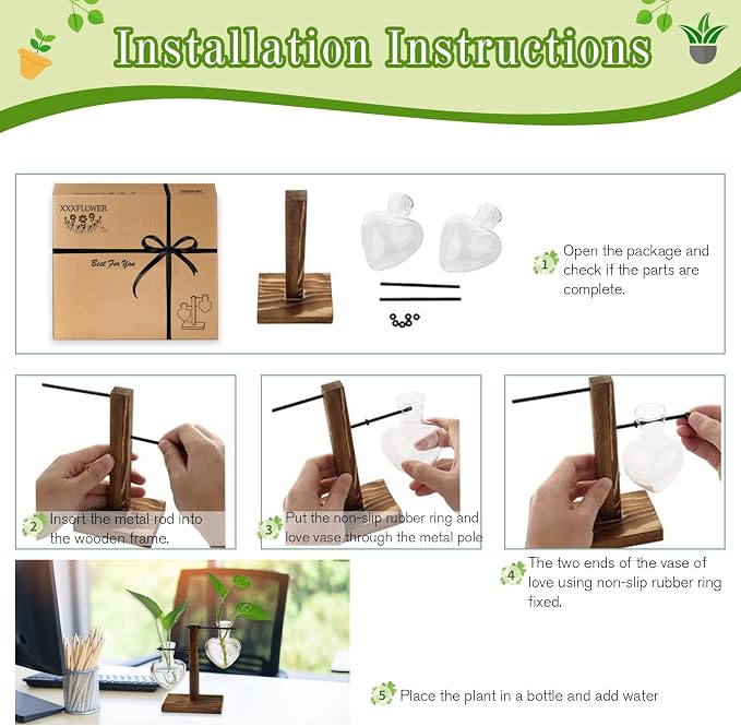XXXFLOWER Plant Propagation Station Terrarium Wooden Stand 2 Love Bulb Vase | Flower Glass Vase Plant Desktop Holder, Home Garden Office Decor for Birthday Gift for Women Plant Lover