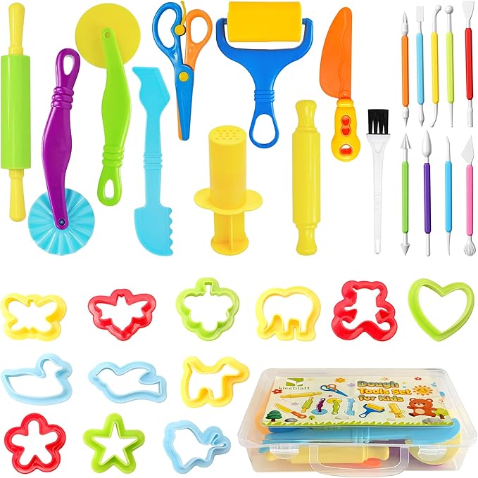 Kleeblatt Dough Tools Set for Kids - 31 Pcs Playdough Kit with 9 Basic Dough Tools,12 molds,9 Double-Headed Clay Carving Tools& Cleaning Brush, Safe for Toddlers Ages 2-8, for Clay/Plasticine/Sand