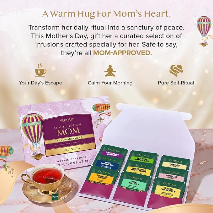 Limited Edition - Mothers Day Gifts for Mom from Son, Daughter | Assorted Tea Gift Set - 9 Tea Variety Pack | Long Leaf Pyramid Tea Bags | Mothers Day Gifts for Mom/Grandmother | VAHDAM