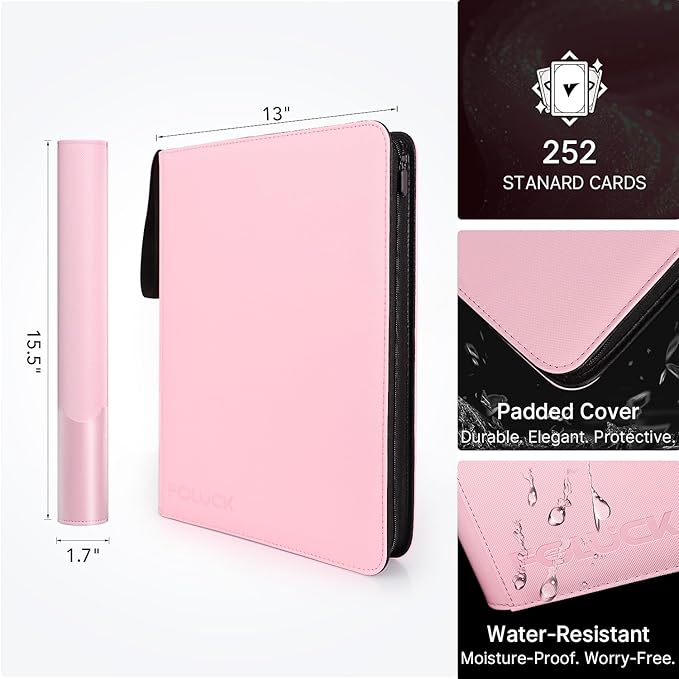 Foluck 9 Pocket Top Loader Binder, Holds 252 Toploaders, 200Pcs Top Loaders & Card Sleeves Included, Side-Loading Trading Card Binder, Premium Collection Album for Pokemon, MTG, Sports Cards (Pink)