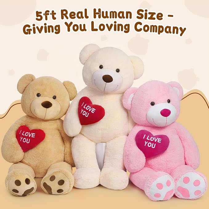 MaoGoLan Giant Teddy Bear - 5 Feet Tall, Red Heart, Brown, Huge Valentine's Teddy Bear for Loved Ones - Anniversary, Birthday