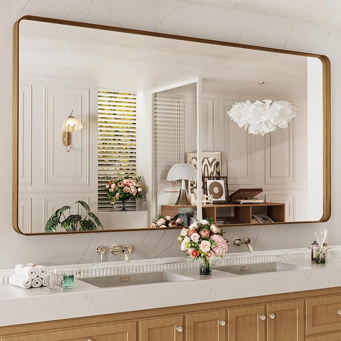 LOAAO 84X32 Inch Bathroom Mirror with Wood Grain Colored Metal Frame | Rounded Rectangle Metal Framed, Anti-Rust, Hangs Horizontally or Vertically, Tempered Glass