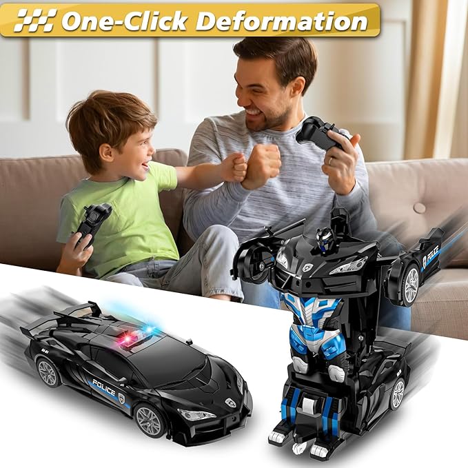 Remote Control Car for Kids , One Button Transformation to Robot with Flashing Light 2.4 Ghz Transforming Robot Car 1:18 Scale Transform RC Cars Toy Boys Girls Birthday Gift with 360 Degree Rotation