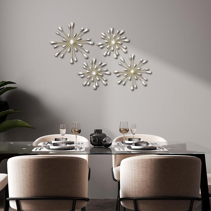 Hicarer 4 Pcs Starburst Wall Decor Bling Wall Art Crystal Teardrop 3D Hanging Rhinestone Radial Metal Artwork Modern Accent Sculptures Decorations for Living Room Home Office Bedroom(Gold)