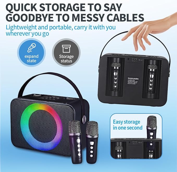 Karaoke Machine for Kids Portable Karaoke Speaker with 2 Wireless Microphones, USB/TF Card Compatible,PA System, mini Karaoke Machine for Family Gatherings/Meeting/Outdoor Activities (Black)