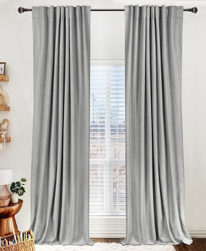100% Blackout Shield Linen Blackout Curtains for Bedroom 96 Inches Long, Back Tab/Rod Pocket Living Room Drapes, Thermal Insulated Blackout Curtains 2 Panels Set, 50" W x 96" L, Grey