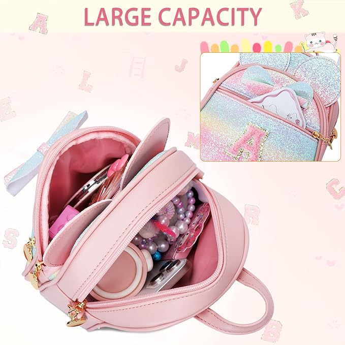 KKXIU Initial Bowknot Mini Backpacks for Girls Women, Small Cute Backpack Purse, Personalized Valentines Day Gifts for Toddler, Kids and Teen Girls(Z, Rainbow)