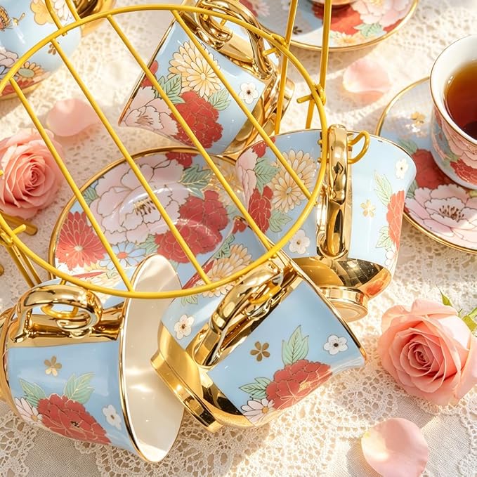 CHANJOON Gold Plated Red Rose Ceramic Tea Set, Vintage Tea Sets with Teapot, Beautiful Tea Set Coffee Serving 6 People (Green, X Large)