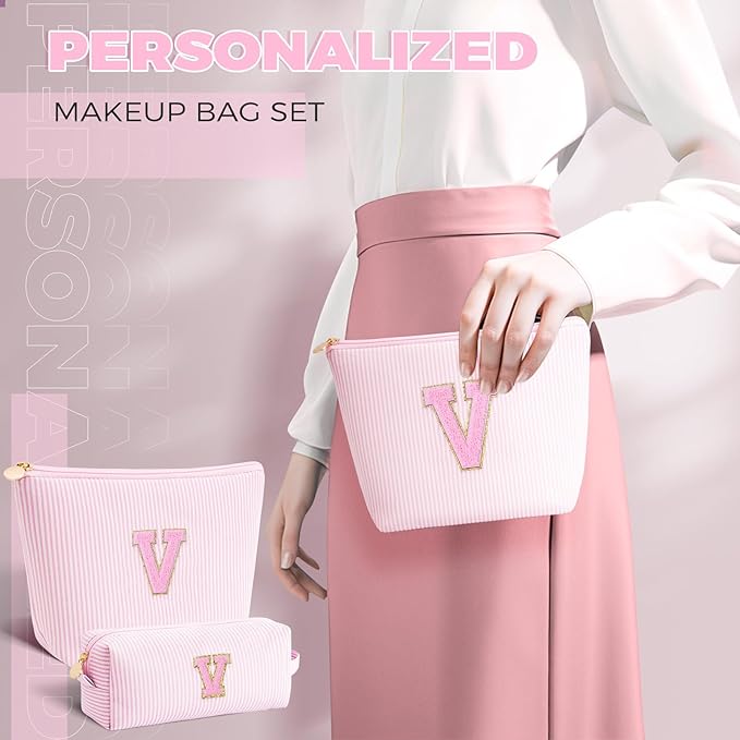 Personalized Makeup Bag for Women Girls - Fashion Cosmetic Bag Trendy Travel Toiletry Bag with Initials Letter - Teen Gifts - Pink,V